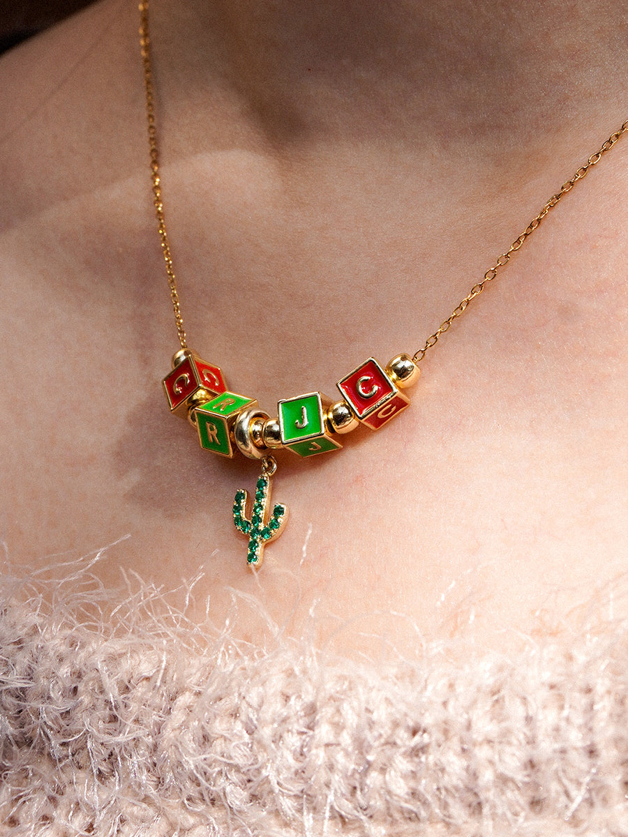 Personalized 4-Letter Necklace with Cactus Blossom Charm