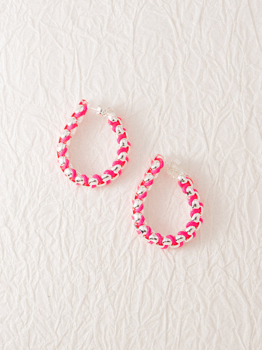 Silver Hot Pink Chain Hand-woven Hoop Earrings