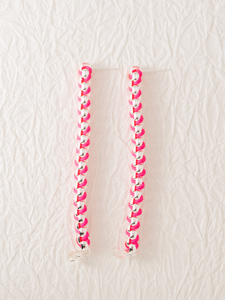 Silver Hot Pink Chain Hand-woven Hoop Earrings