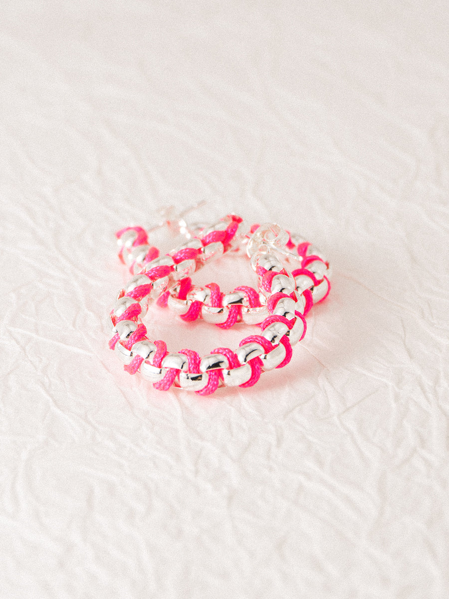 Silver Hot Pink Chain Hand-woven Hoop Earrings