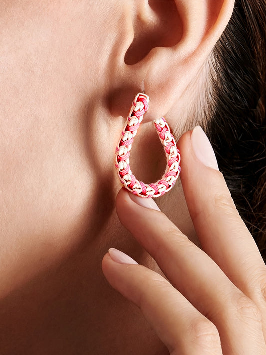 Silver Hot Pink Chain Hand-woven Hoop Earrings